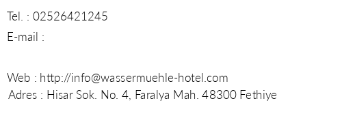 Die Wassermhle Boutique Hotel Faralya telefon numaralar, faks, e-mail, posta adresi ve iletiim bilgileri